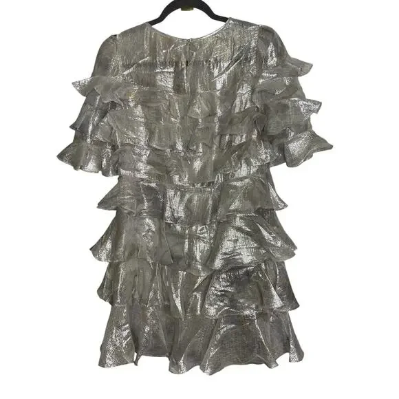 Rebecca Taylor Lily Ruffle Tiered Mini Dress Metallic Silk Blend Silver Size 0